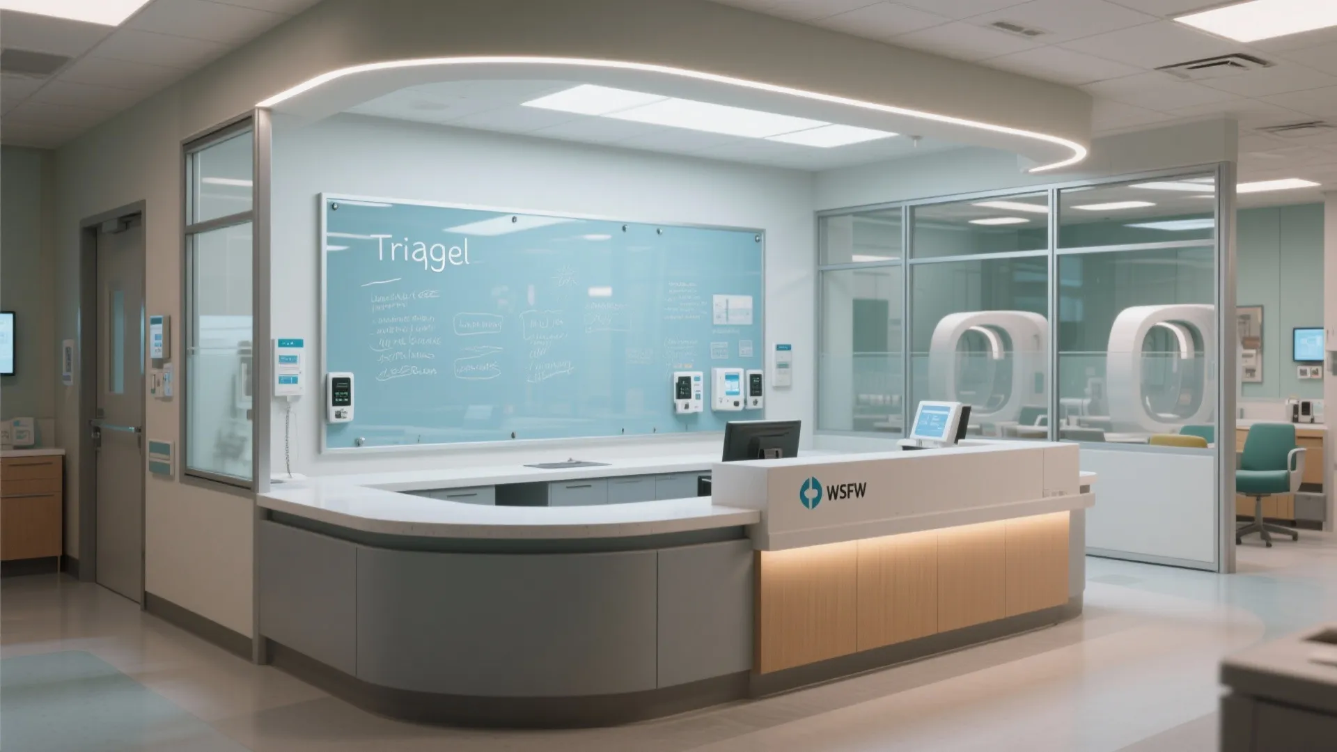 Modern clinic reception desk with light blue glass board and curved ceiling light fixture above