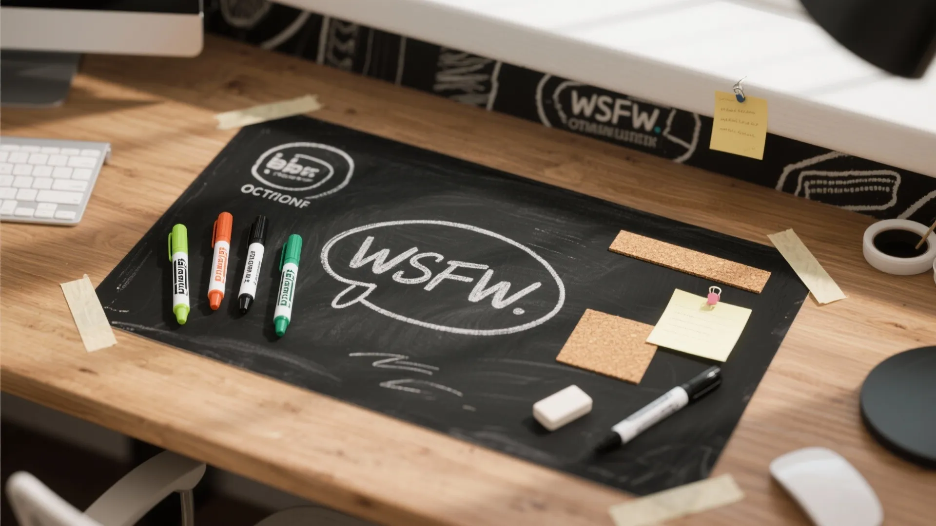 Top-down view of writable wallpaper sample with markers, eraser and cork strips for brainstorming.