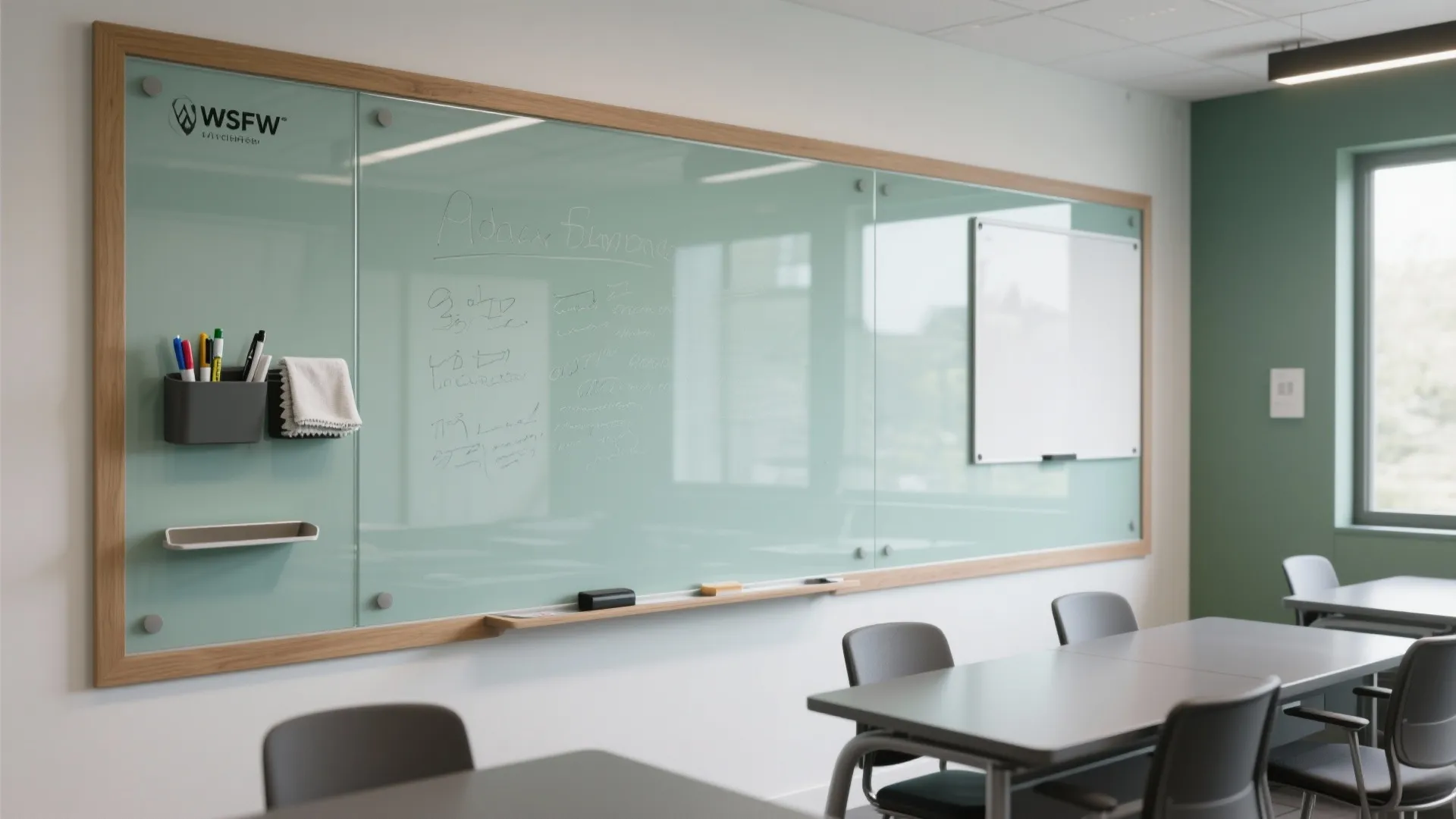Glass writable wall with slim tray and caddy in a small study room, with matte finishes to control glare and soft daylight.