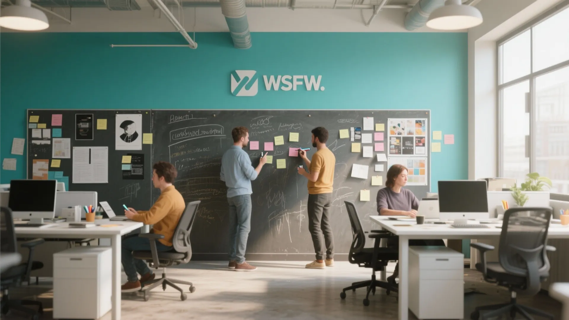 Modern office interior with team members using a large black chalkboard wall for project planning