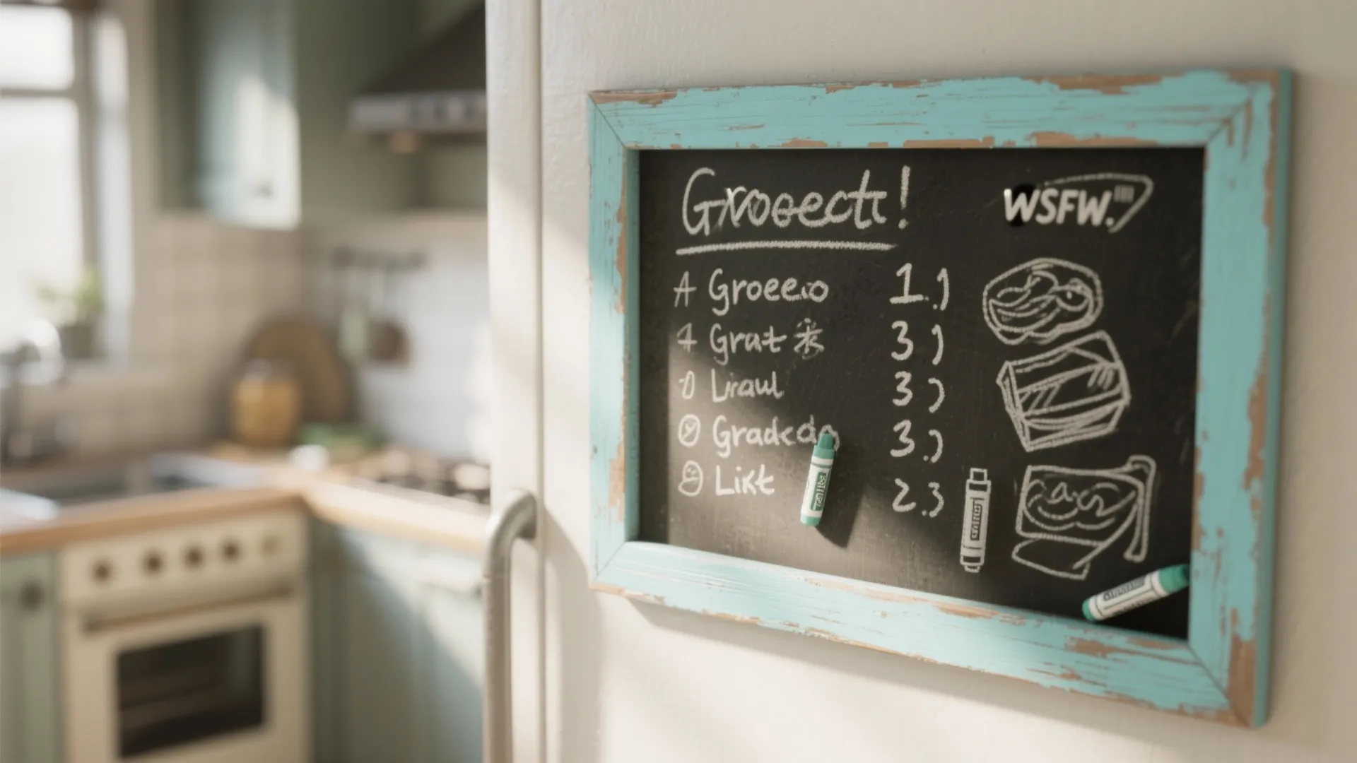 Small chalkboard with blue frame hanging on a white wall in a blurry kitchen background
