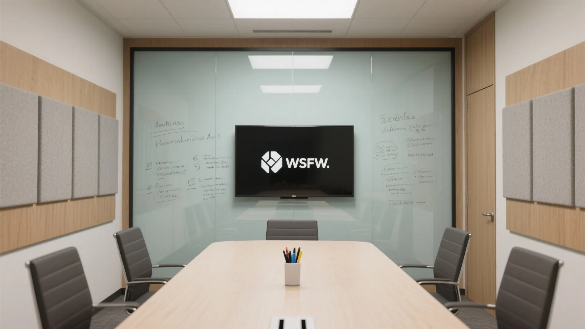 Small meeting room with low-gloss writable glass wall flanked by acoustic panels.