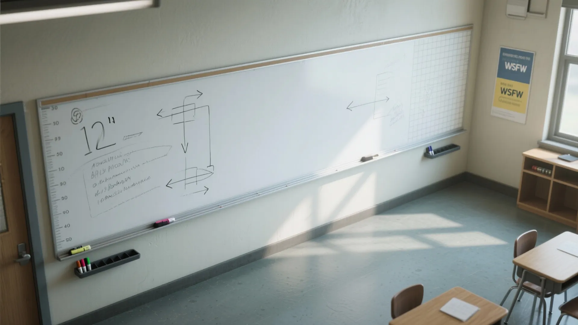 Large whiteboard with interior design sketches and measurements in a classroom with desks and sunlight