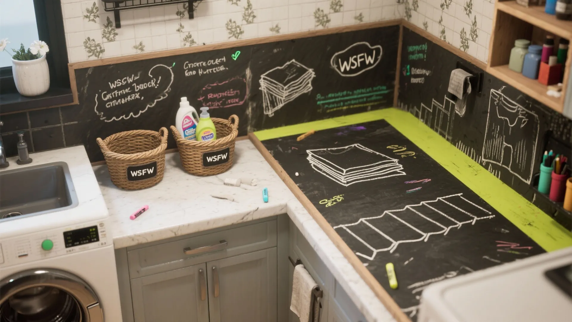 Top-down view of a writable chalkboard wallpaper panel with labeled baskets and folding diagrams in a small laundry area.
