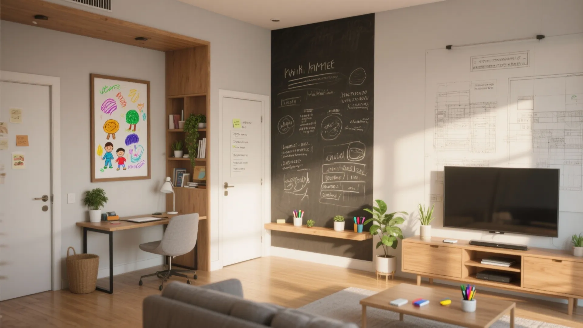 Modern living room featuring a black chalkboard wall desk with chair and wooden floor layout