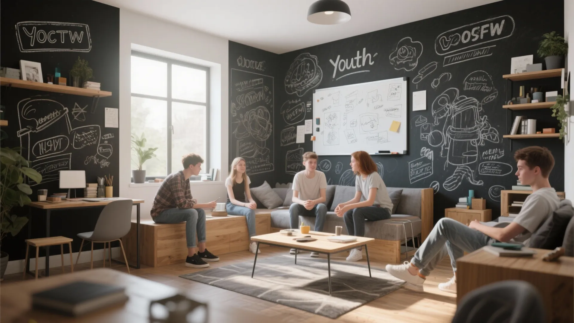 Teens sitting in modern room with black chalkboard walls covered in white drawings and sketches