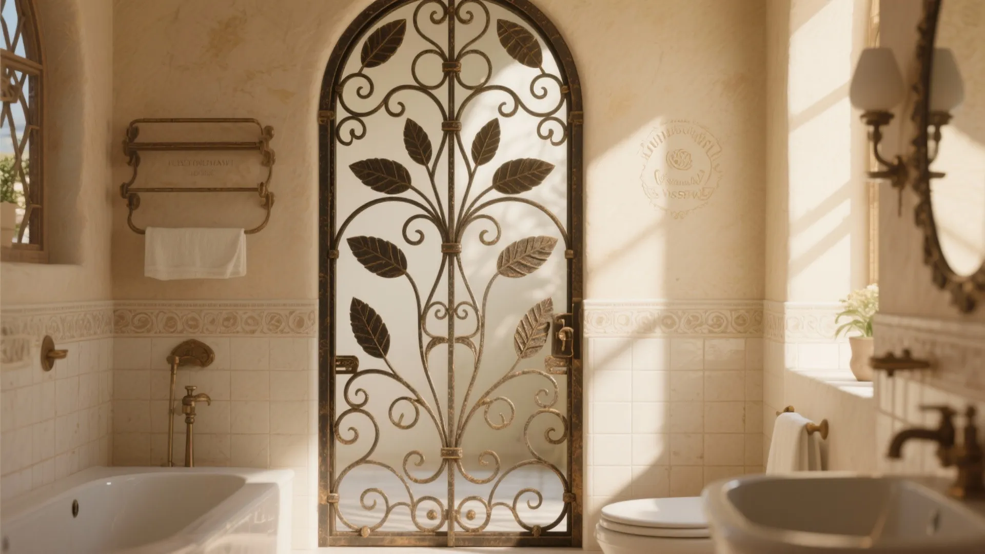 Decorative arched metal gate with leaf patterns in a classic bathroom with bathtub and tiles