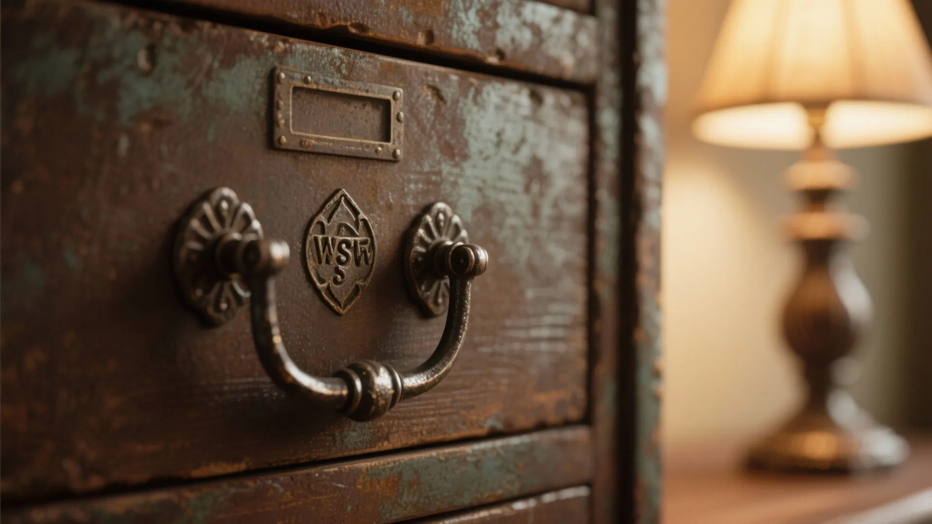 Close up of an old metal cabinet handle with a table lamp in the background