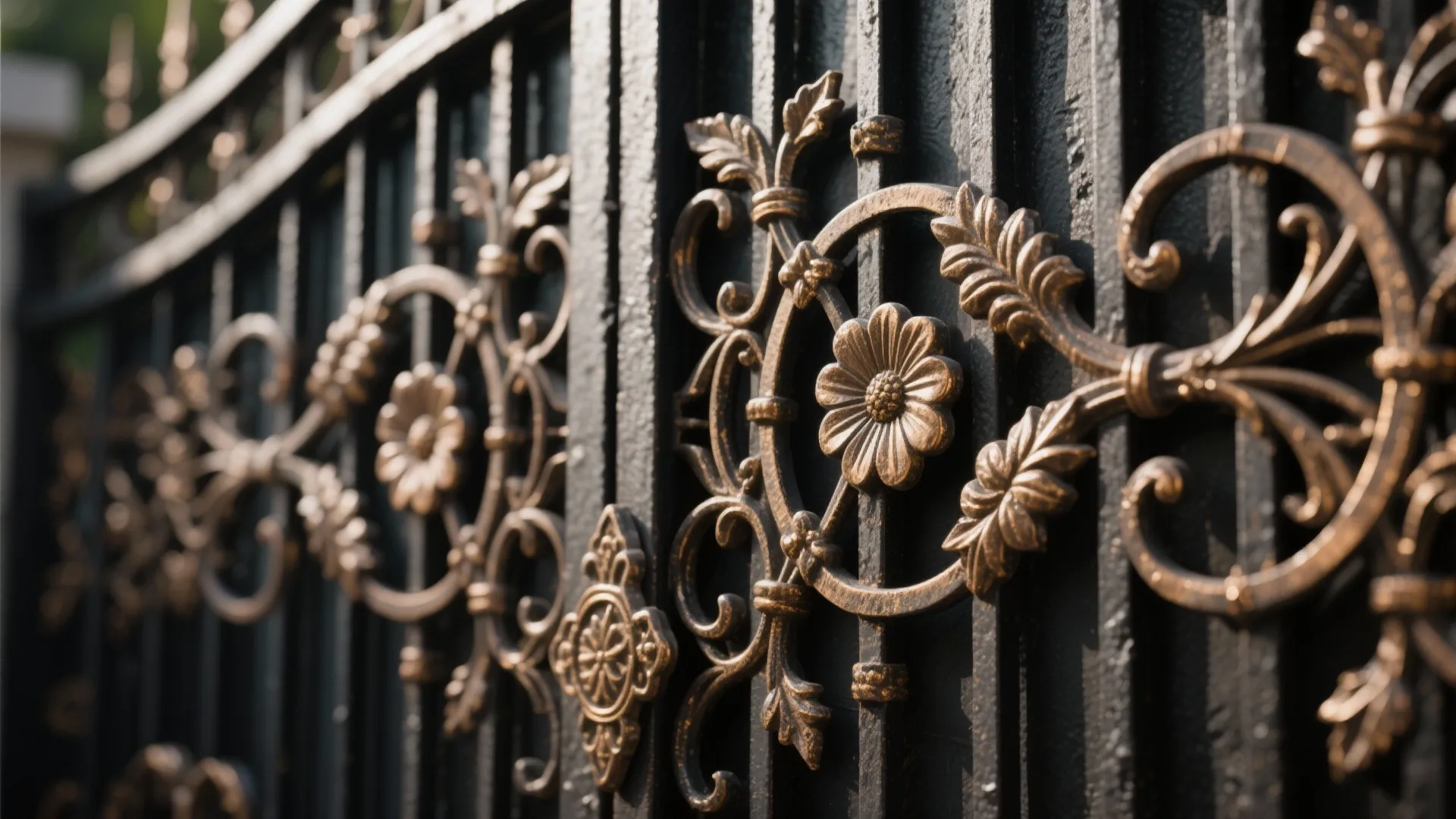 Close up of black metal gate featuring decorative gold flower patterns and classic curved design elements