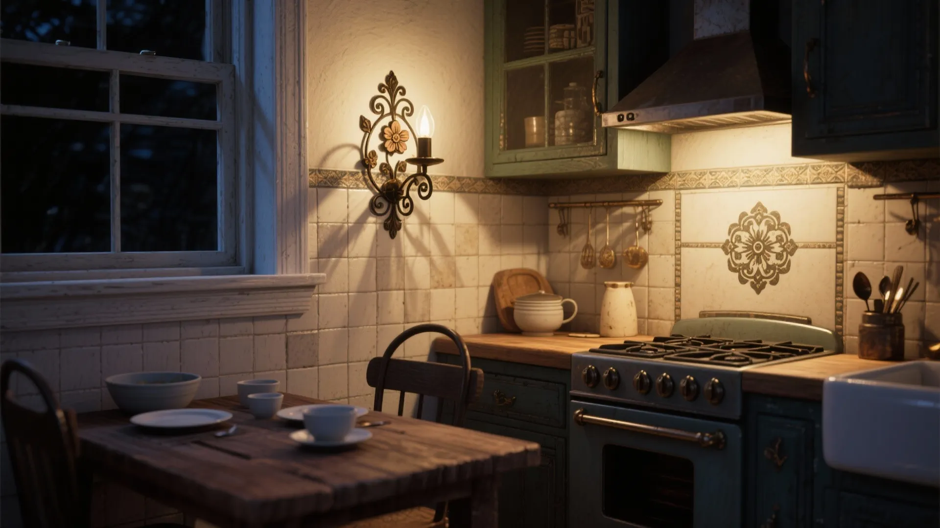 Rustic kitchen with blue stove wooden table wall light white tiled walls and a window