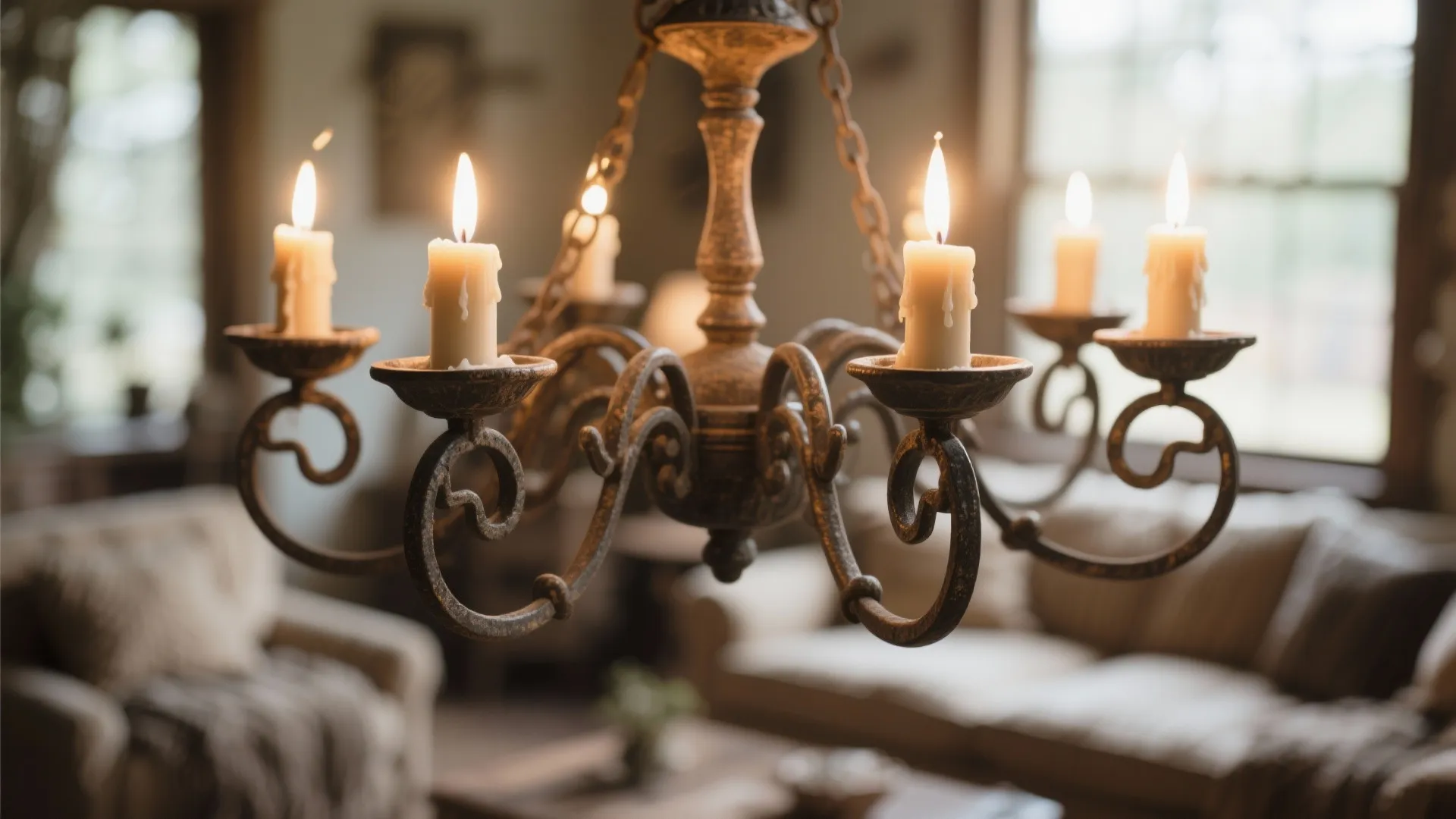 Antique metal ceiling light with burning candles hanging in a rustic living room with sofas