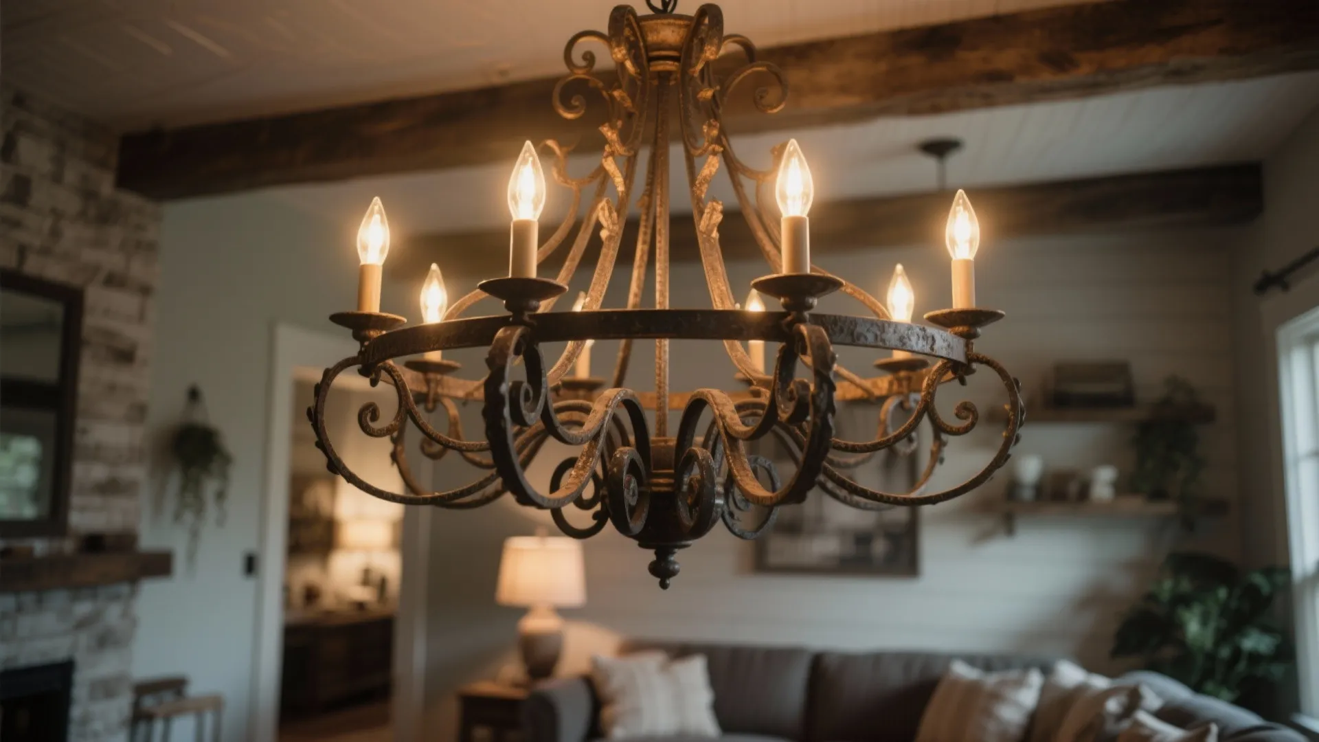 Vintage metal ceiling light with multiple bulbs hanging in a warm and cozy living room