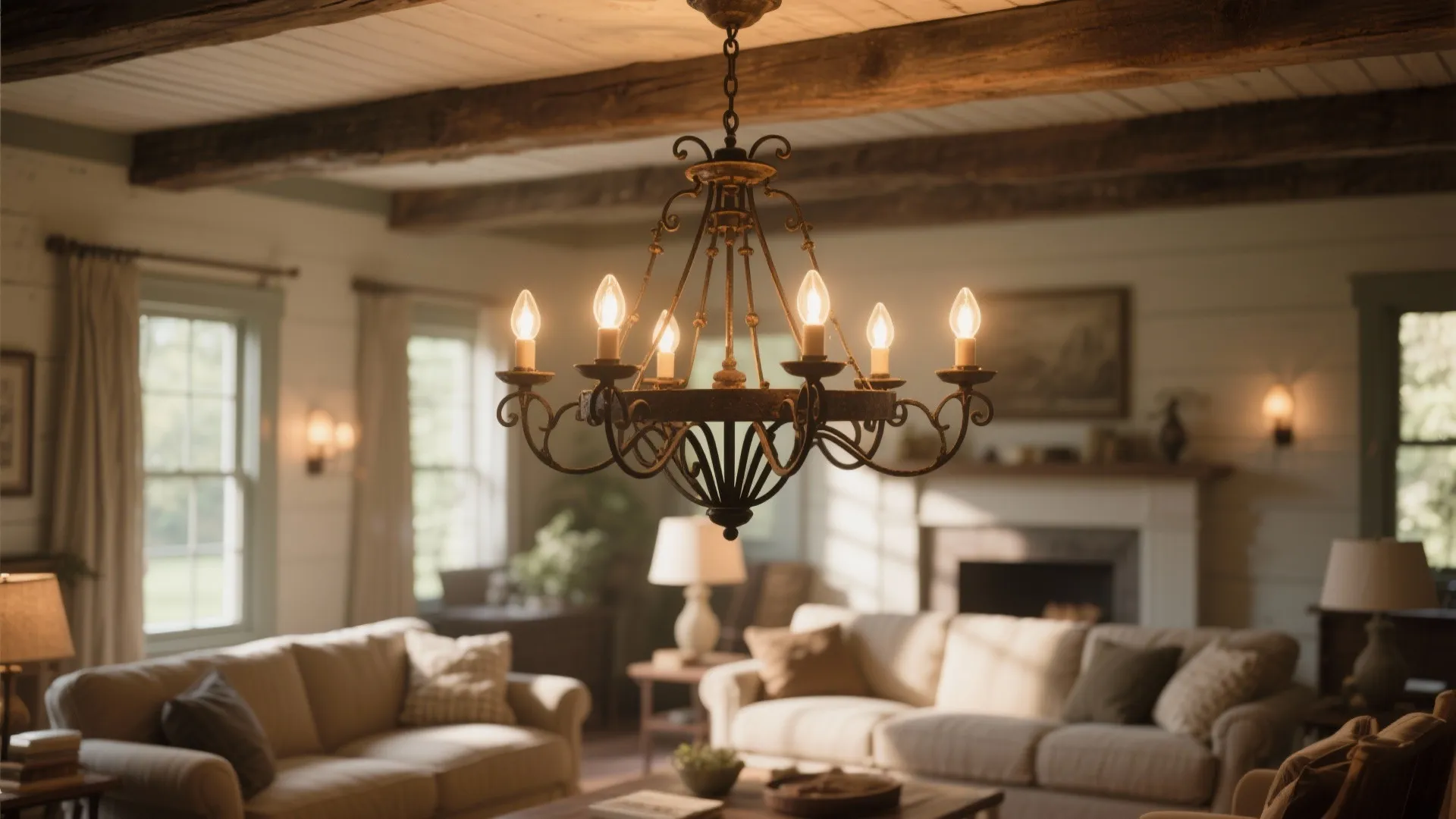 Rustic living room with iron ceiling light hanging above comfortable beige sofas and wood beams