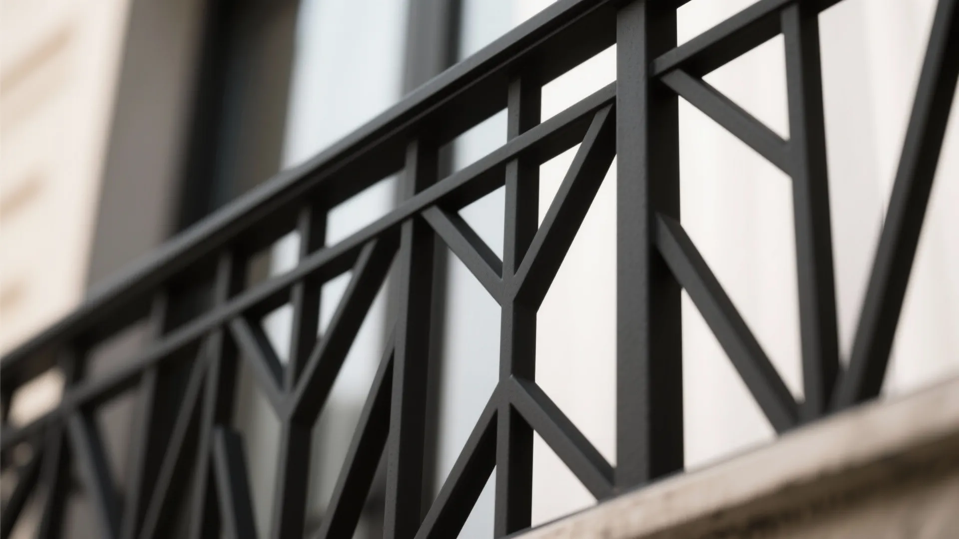 Close up of a black metal balcony railing with a geometric pattern for house exterior design