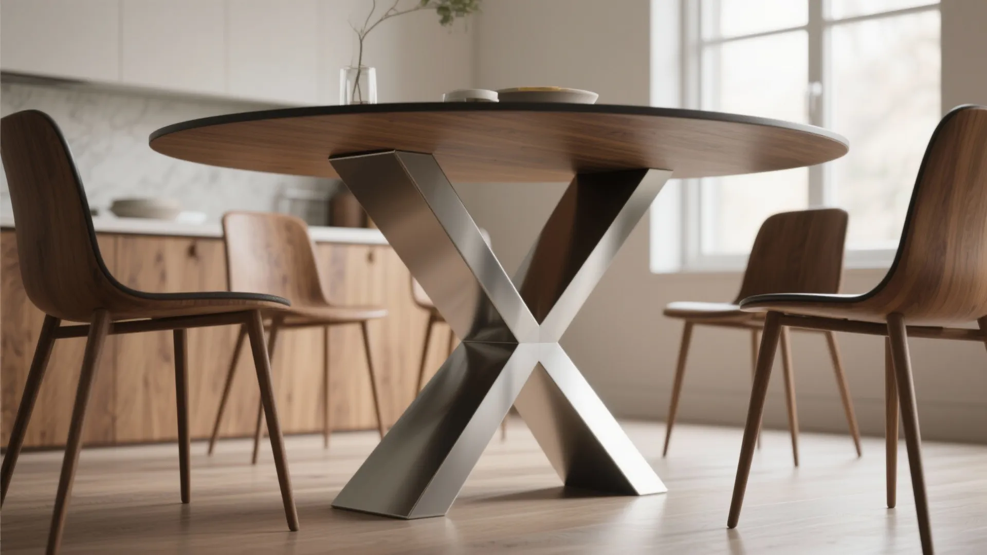 Round wooden dining table with metal X base and matching wooden chairs in bright room