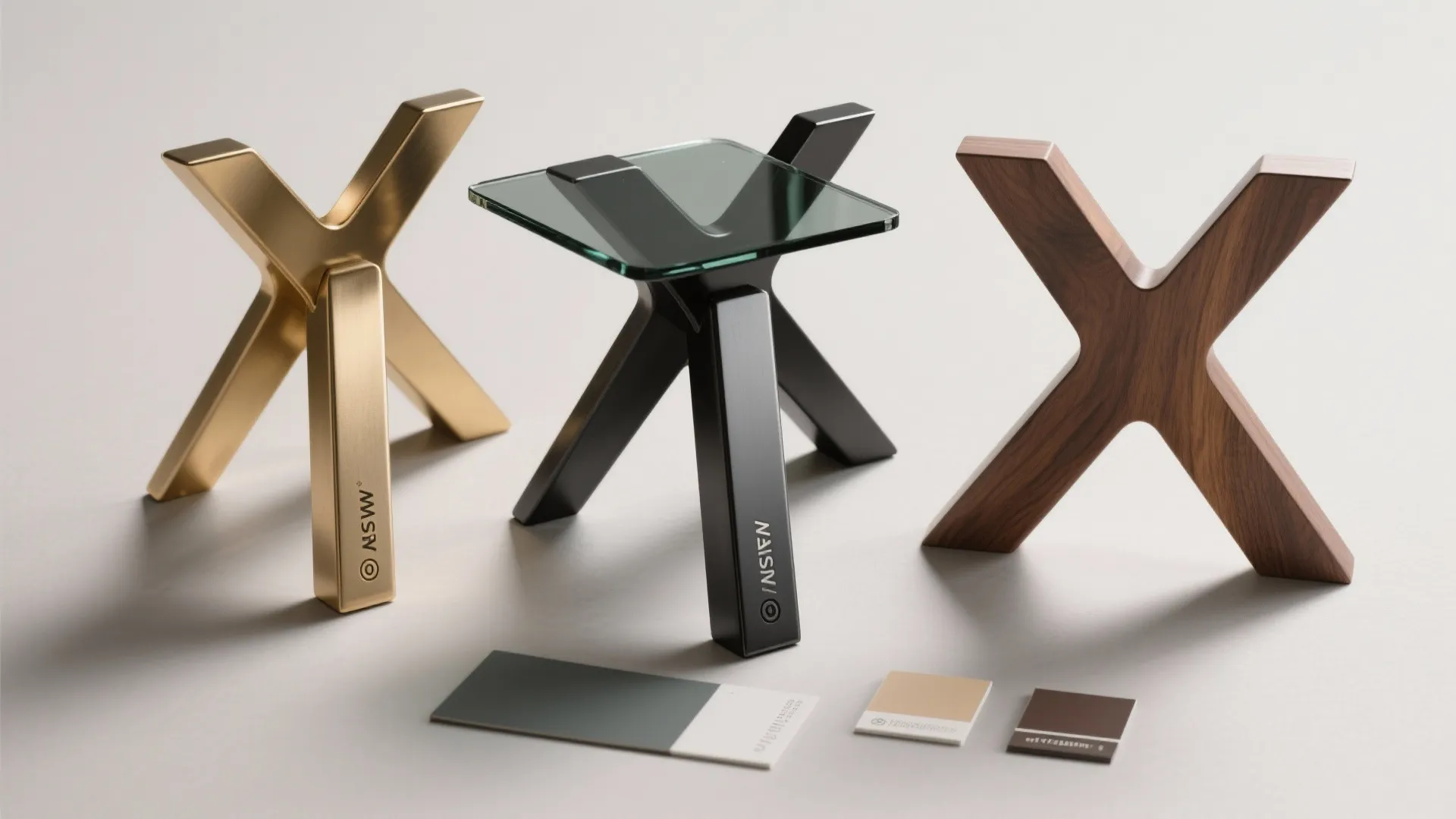 Three table base samples in gold black and wood finishes with glass top and swatches