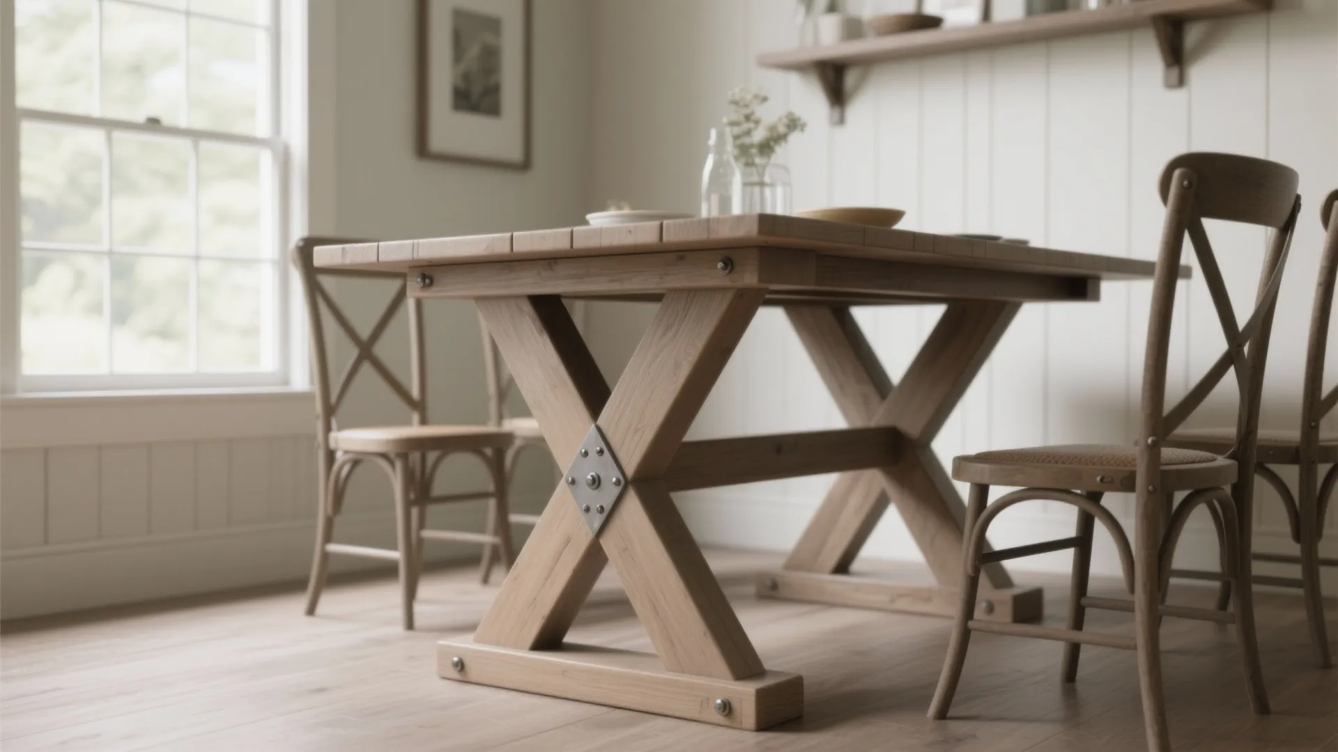 Light wood dining table with x shaped legs and matching wooden chairs in bright dining room