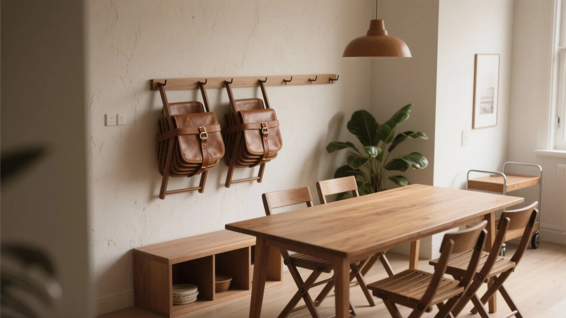 Modern dining room with wooden table and chairs plus brown bags hanging on wall hooks