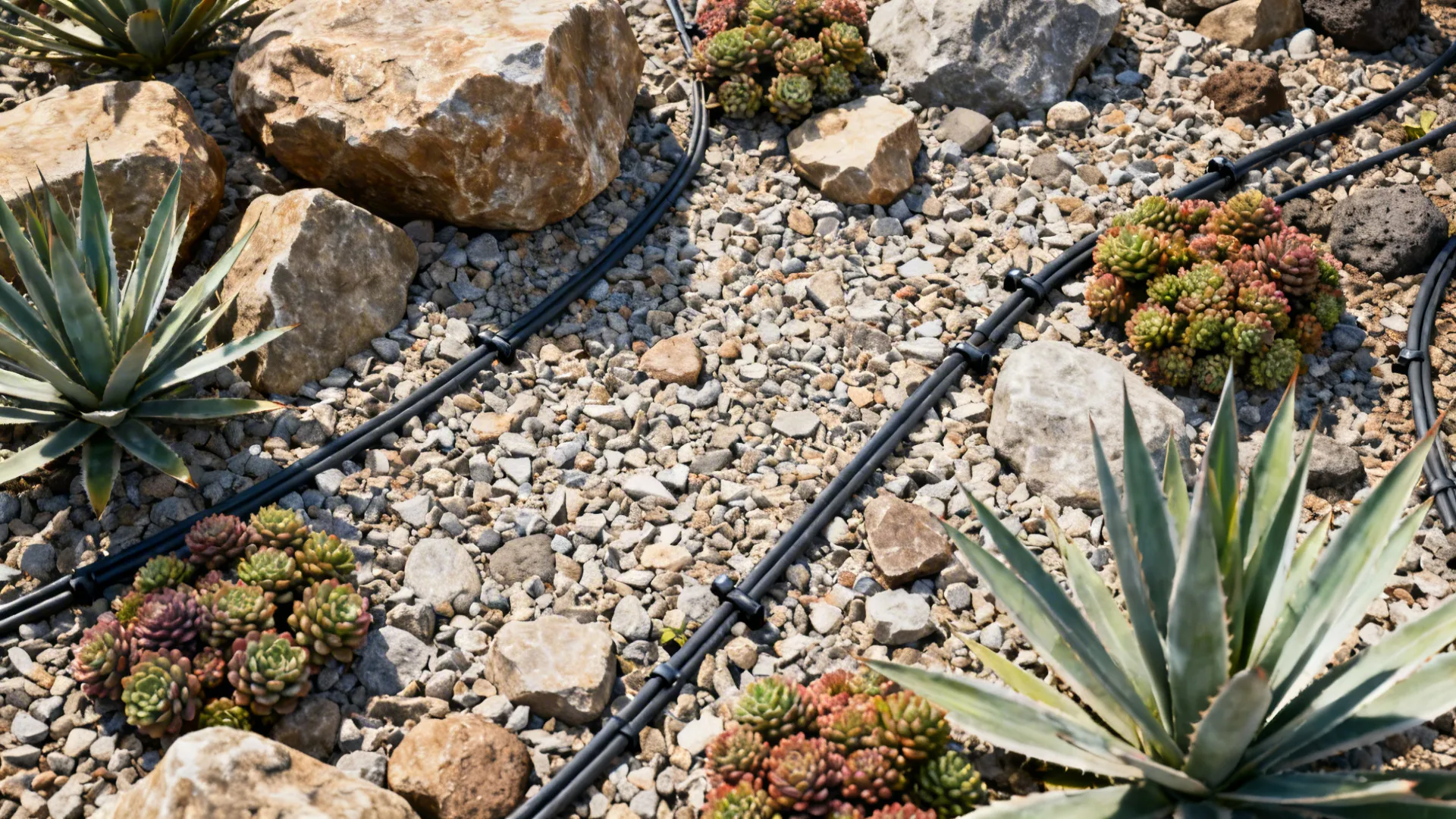 Top-down material flatlay of xeriscape elements: crushed rock, agave, sedum and drip irrigation.