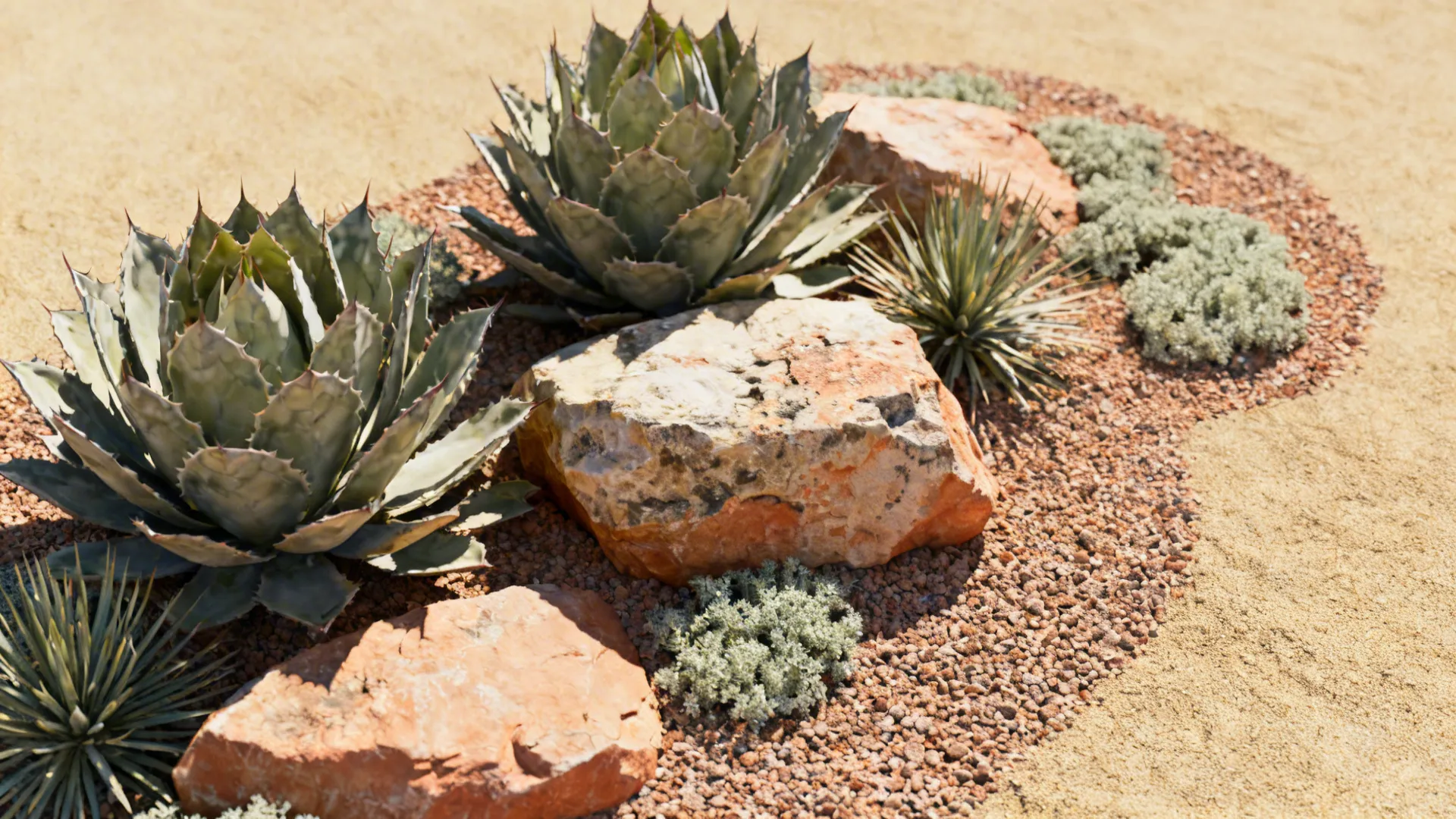 Xeriscape bed with agave, yucca and boulders arranged with decomposed granite and soft texture pockets.