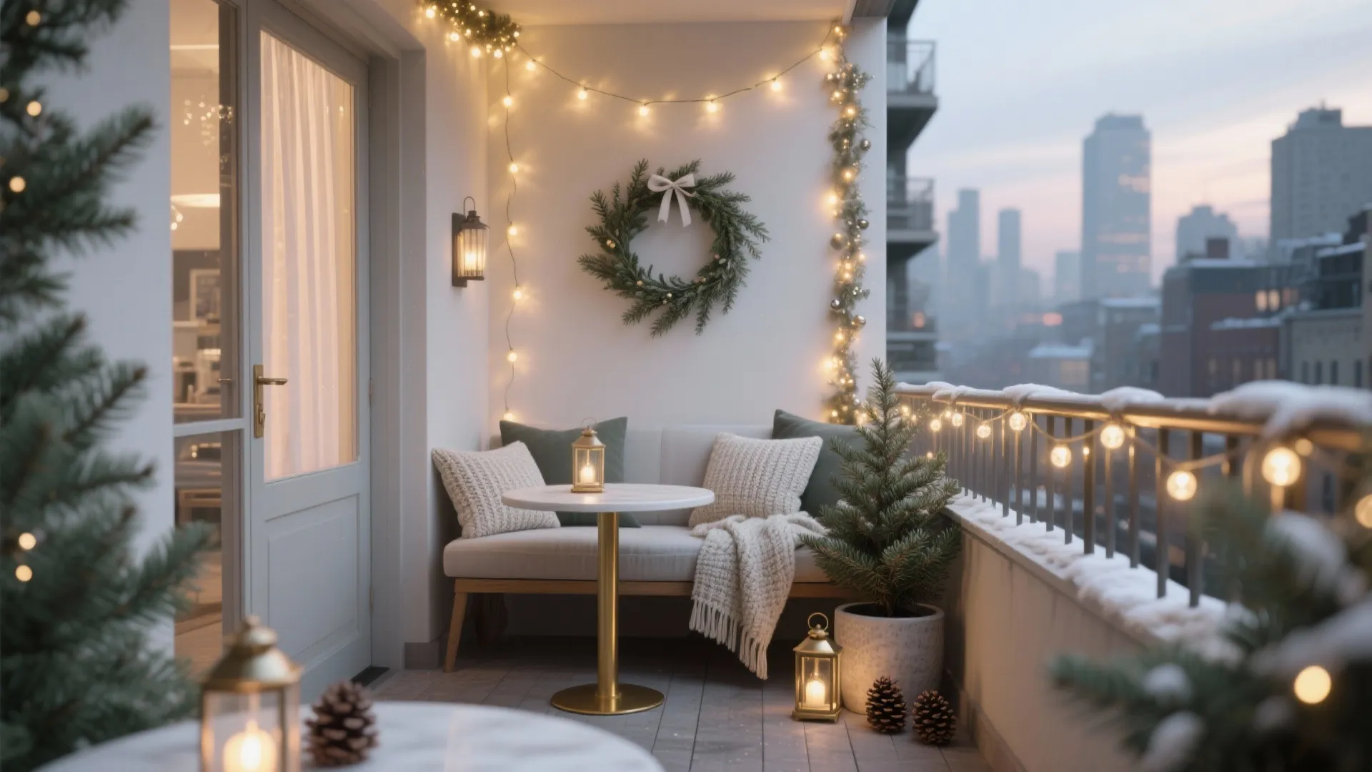 Cozy balcony with festive string lights a green wreath white sofa and small Christmas trees