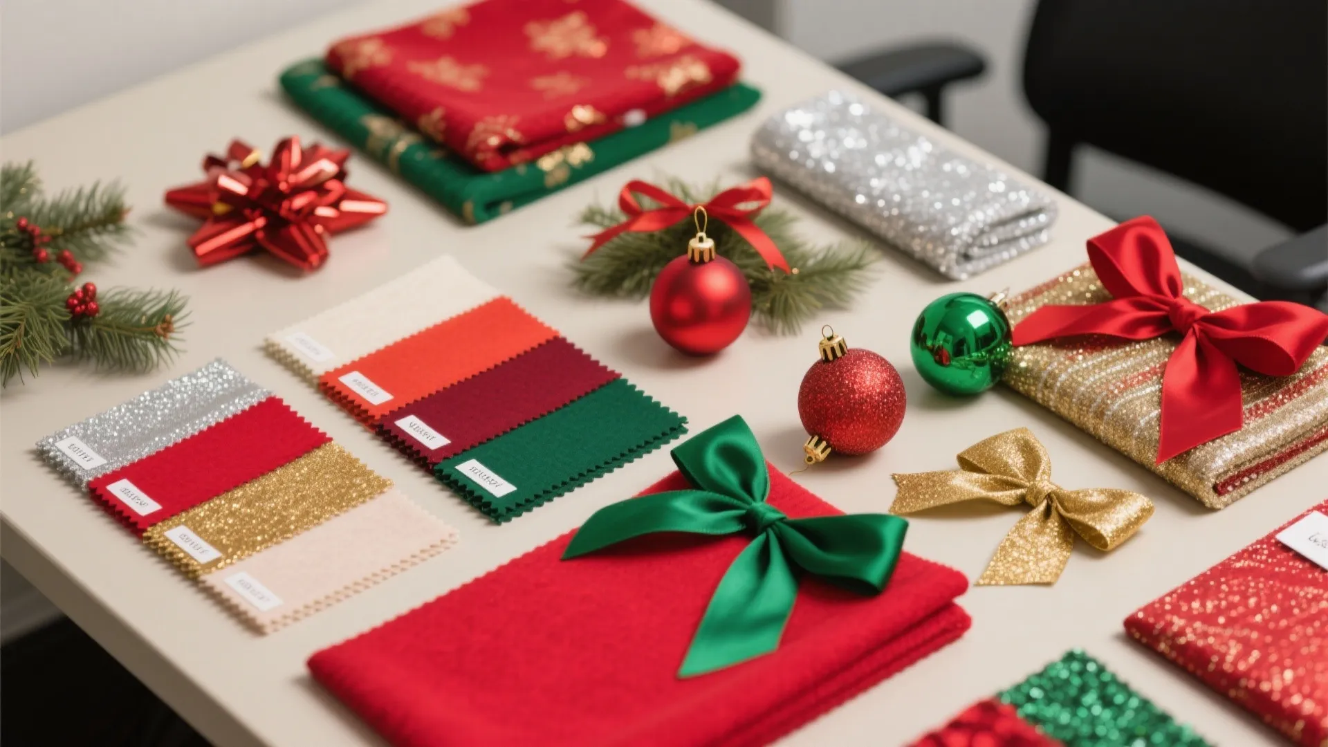 Christmas color palette showing red green and gold fabric samples with festive bows and balls