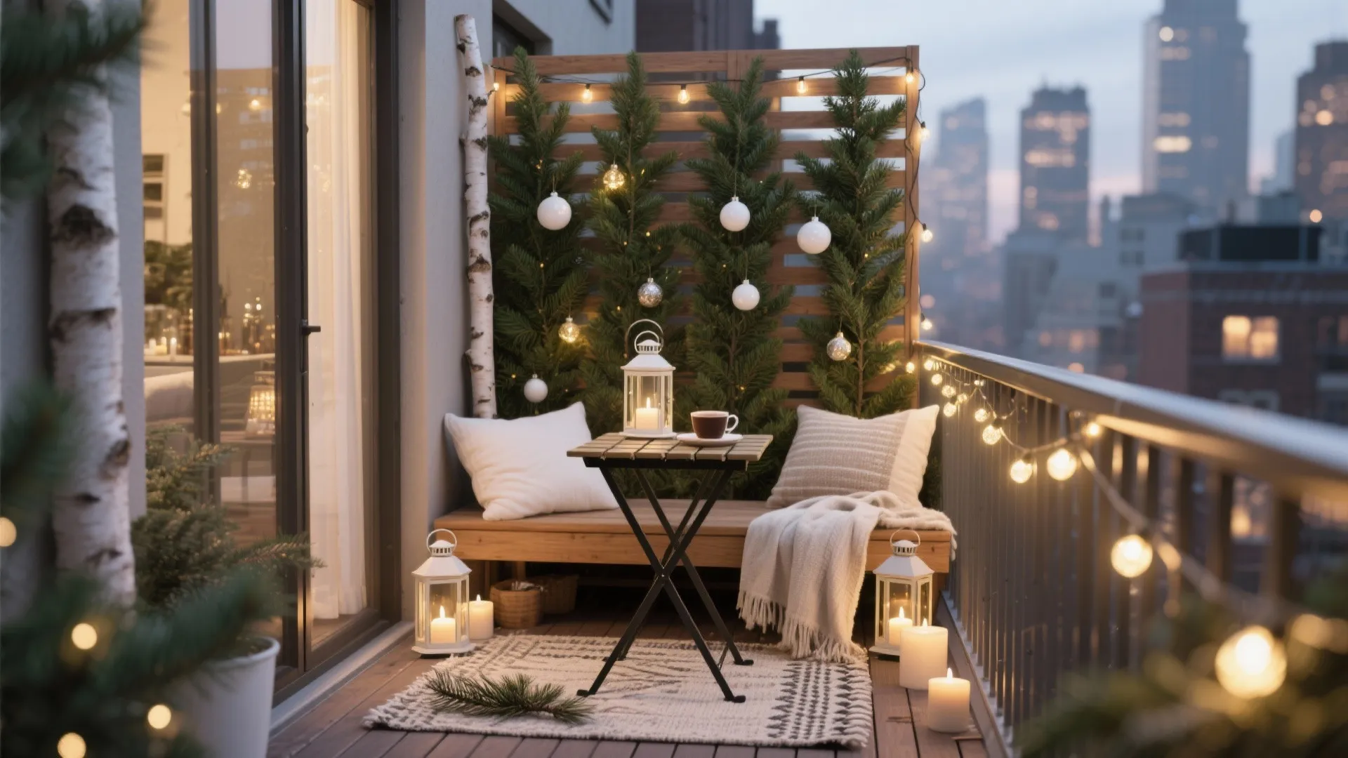Cozy balcony with Christmas decorations, string lights, lanterns, wooden bench, small table, and city view