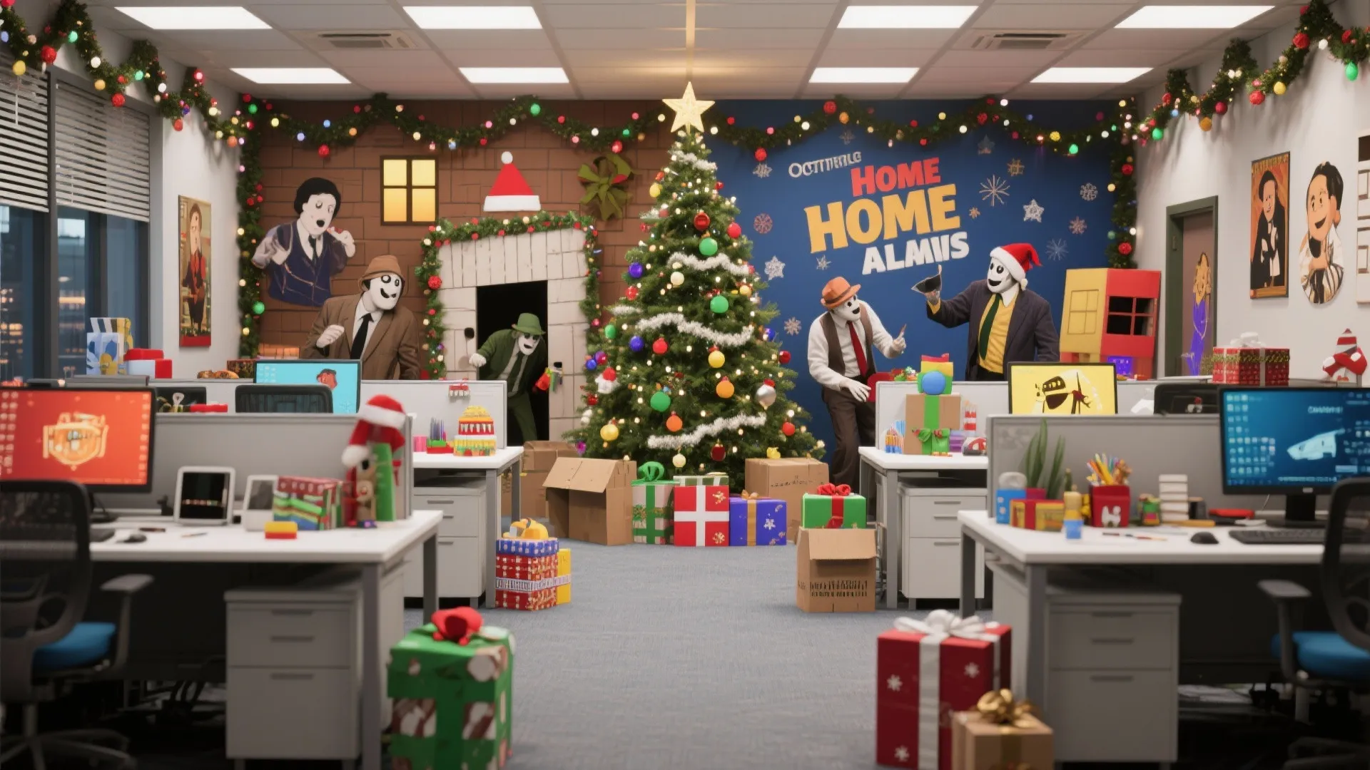 Office space themed after a movie with large Christmas tree, gift boxes, and character cutouts