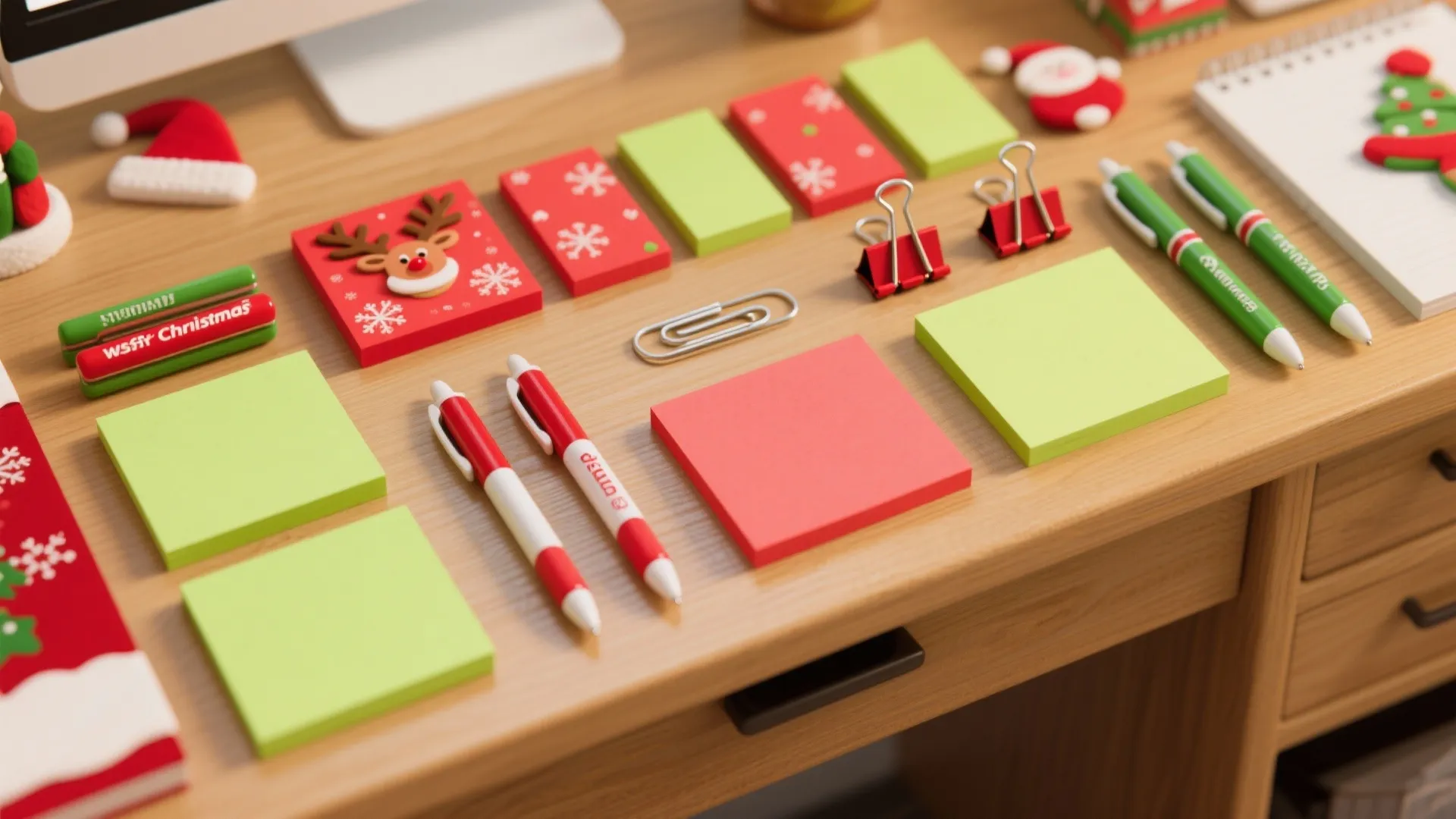 Christmas themed stationery set with red and green sticky notes pens and clips on wood