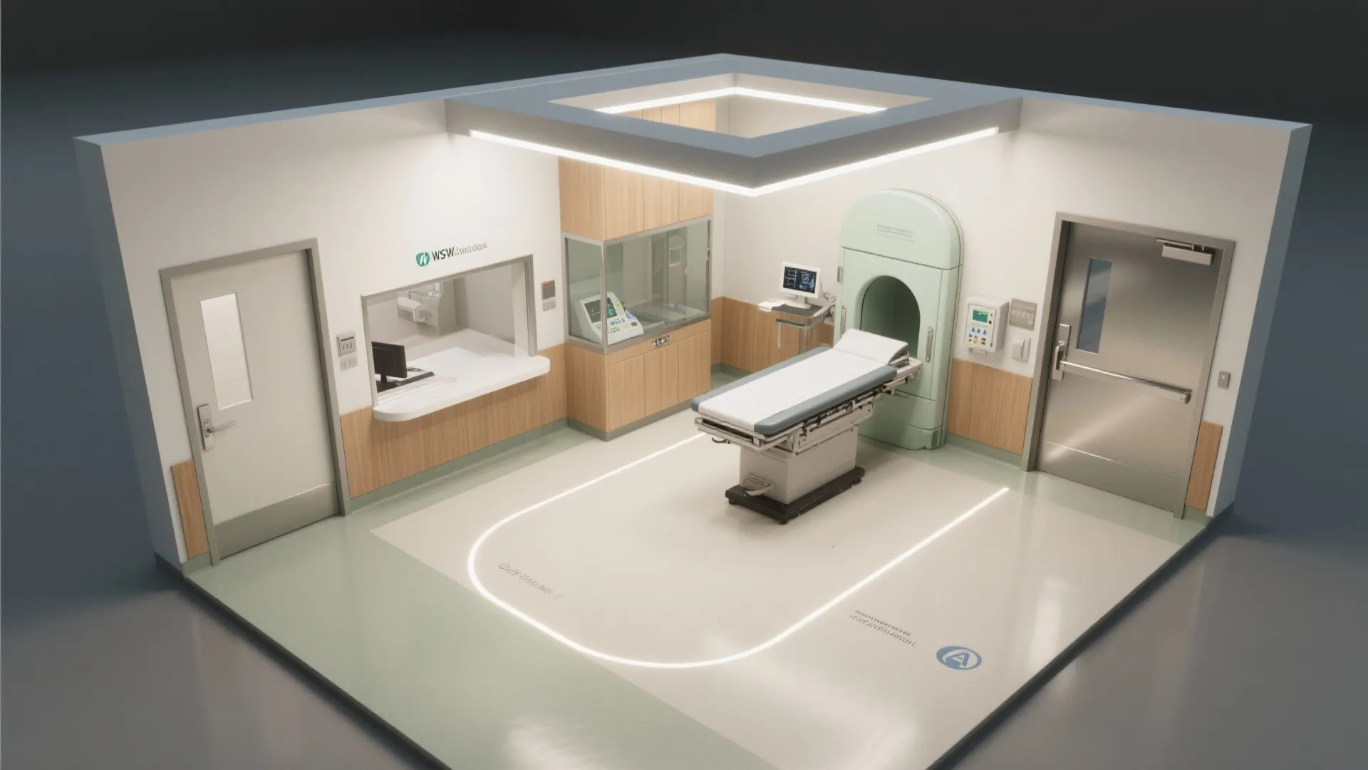 Interior design drawing showing a medical room layout with scanner bed doors and wooden cabinets