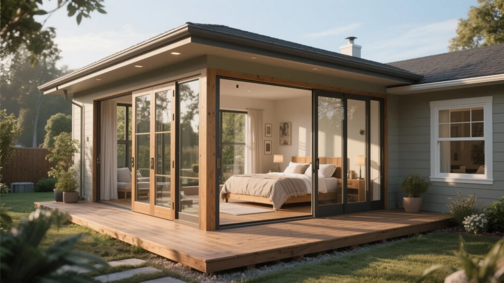 Bungalow-style bedroom extension with sliding doors to a small deck and backyard