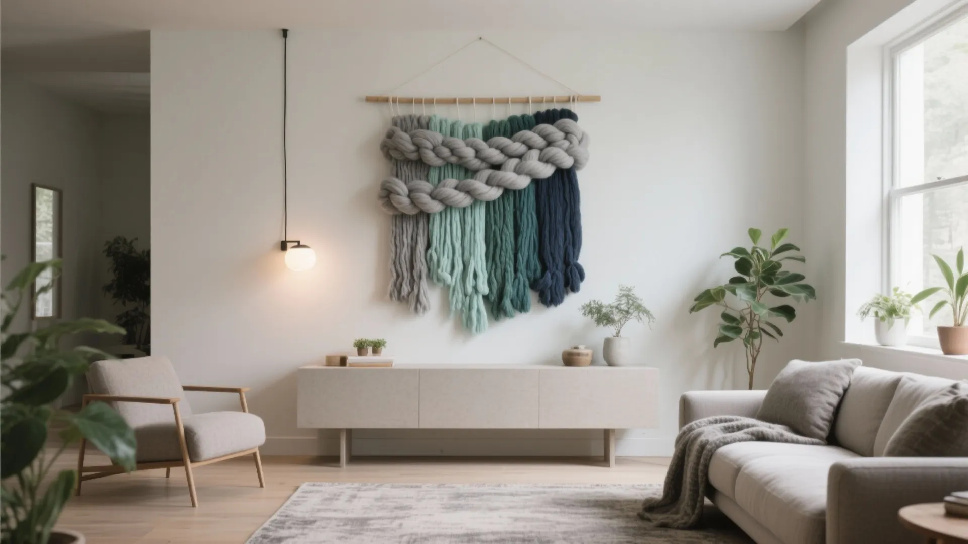 Modern living room with woven wall hanging, light cabinet, grey sofa, and green indoor plants