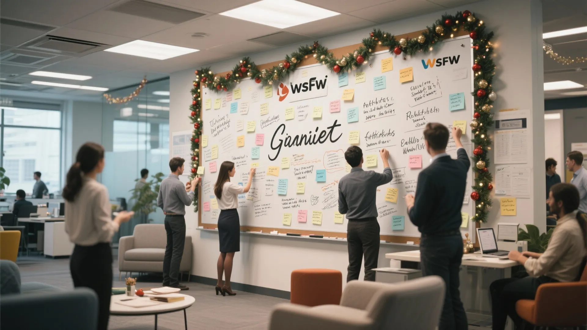 People working on a whiteboard with sticky notes and decorated with festive green holiday garlands