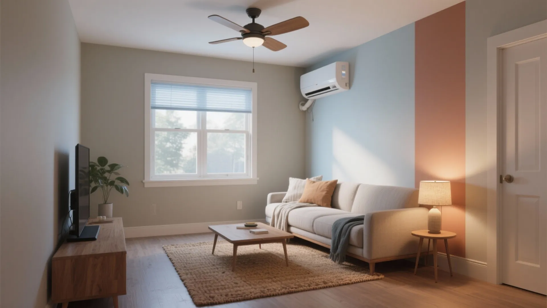 Modern living room with beige sofa wooden coffee table ceiling fan air conditioner and natural light