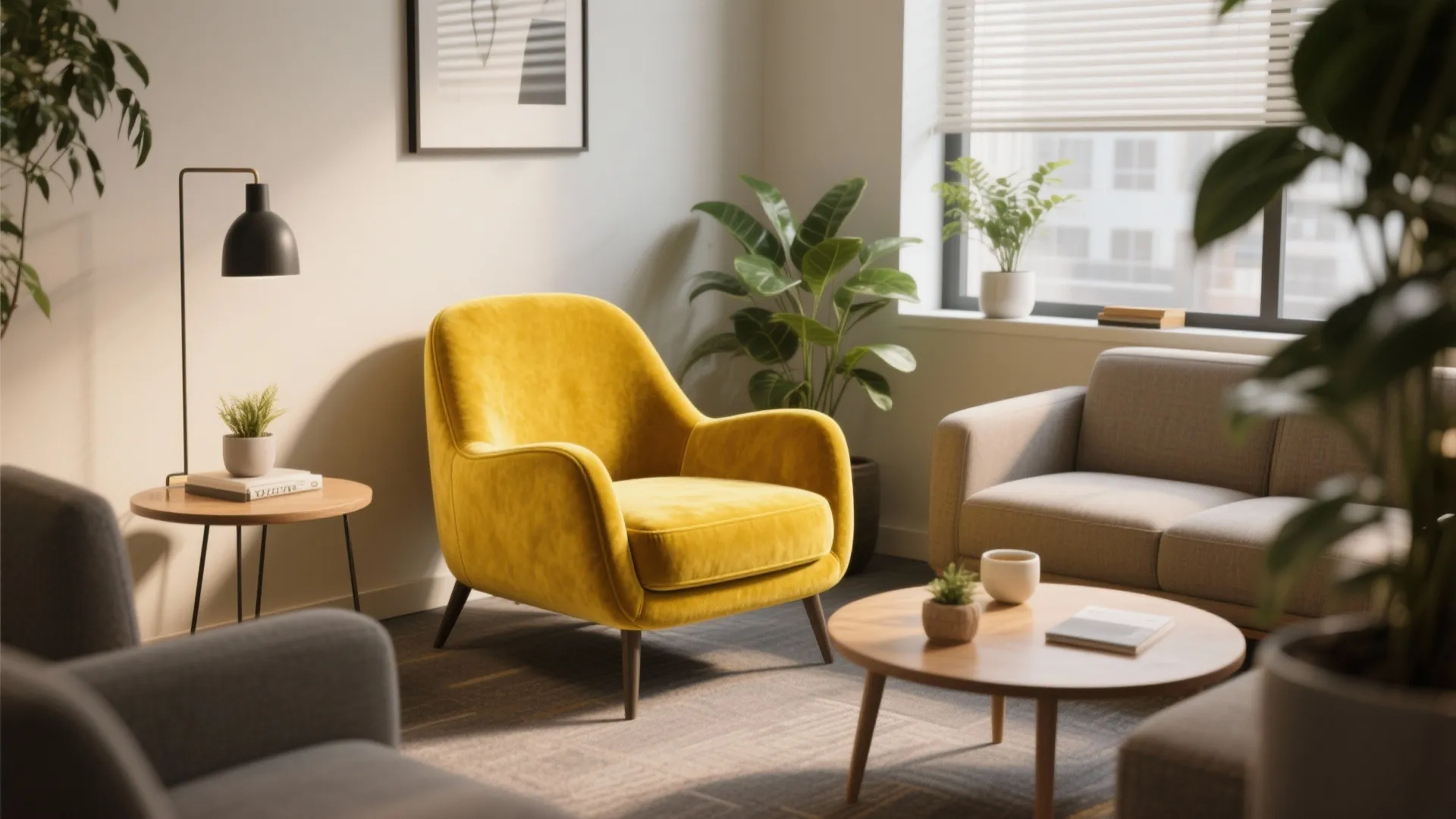 Modern living room with yellow armchair grey sofa wooden coffee table black floor lamp and plants