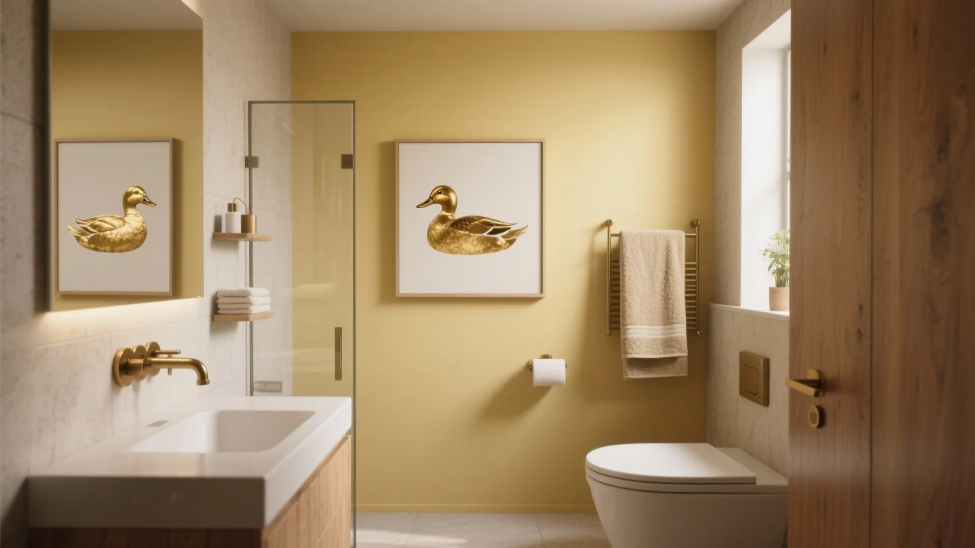 Subtle Palette: Yellow Accent Wall with Duck-Themed Textures