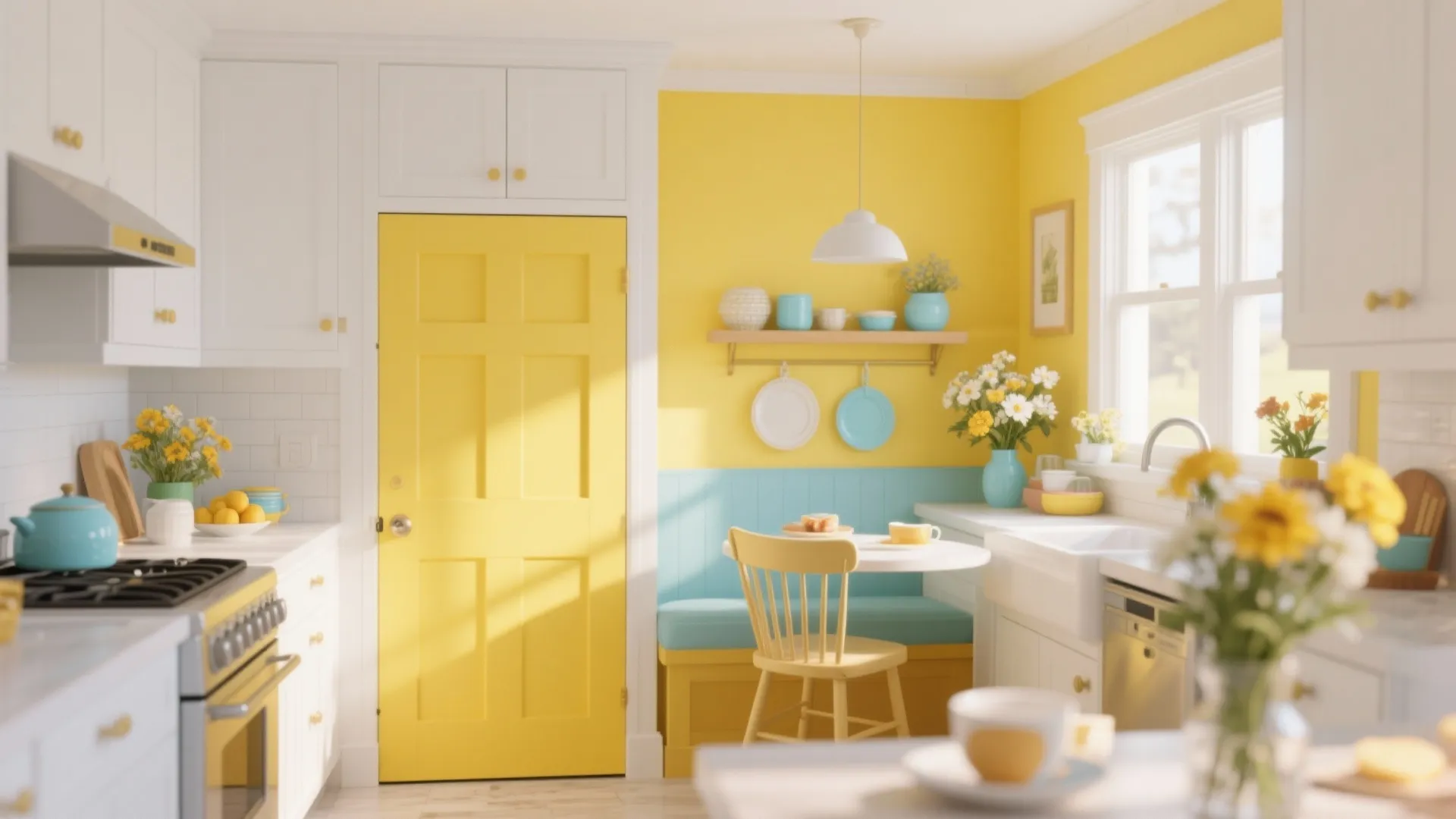 Bright kitchen featuring yellow wall and door with a small dining table and blue bench