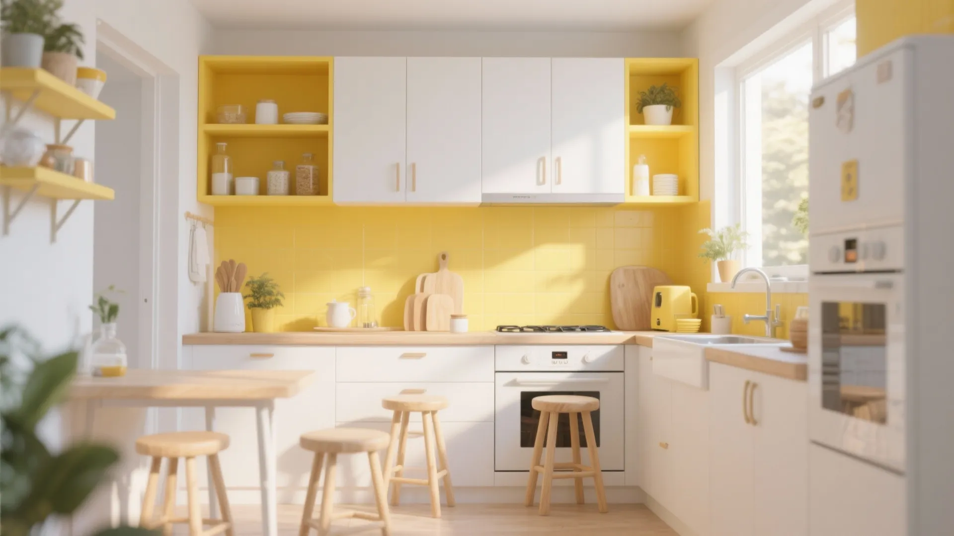 Modern white and yellow kitchen featuring wooden countertops, matching stools, open shelves and bright sunlight