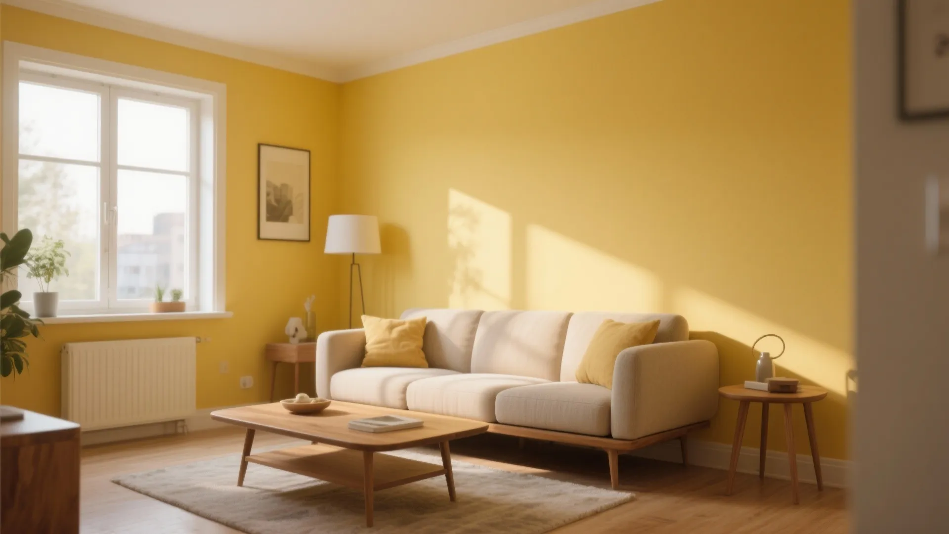 Small living room with buttery yellow accent wall and sunlight