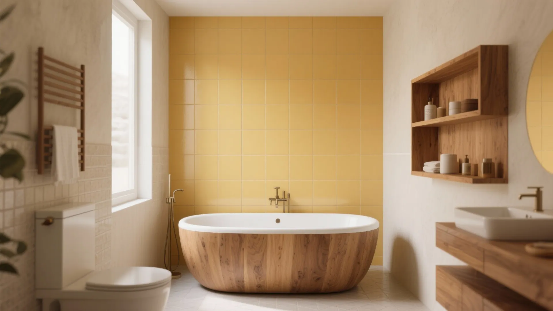 Modern bathroom with yellow tile wall wooden bathtub white toilet sink cabinet and natural light