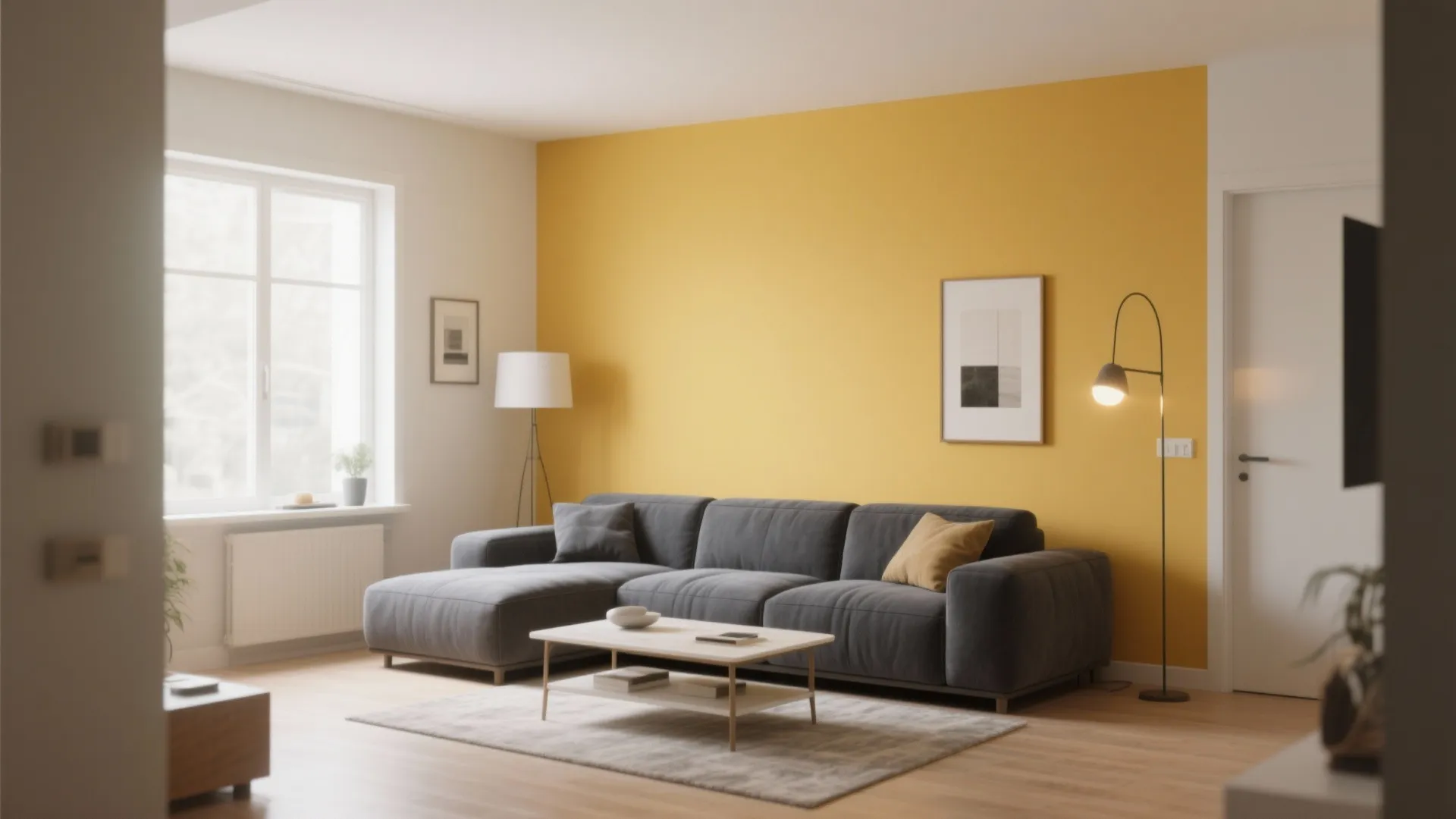 1. Sunny Accent Wall with Soft Gray Sofa