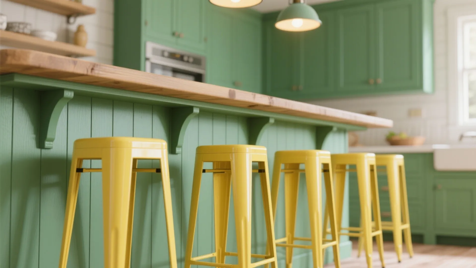 Yellow barstools and pendant lights in a green-accented kitchen