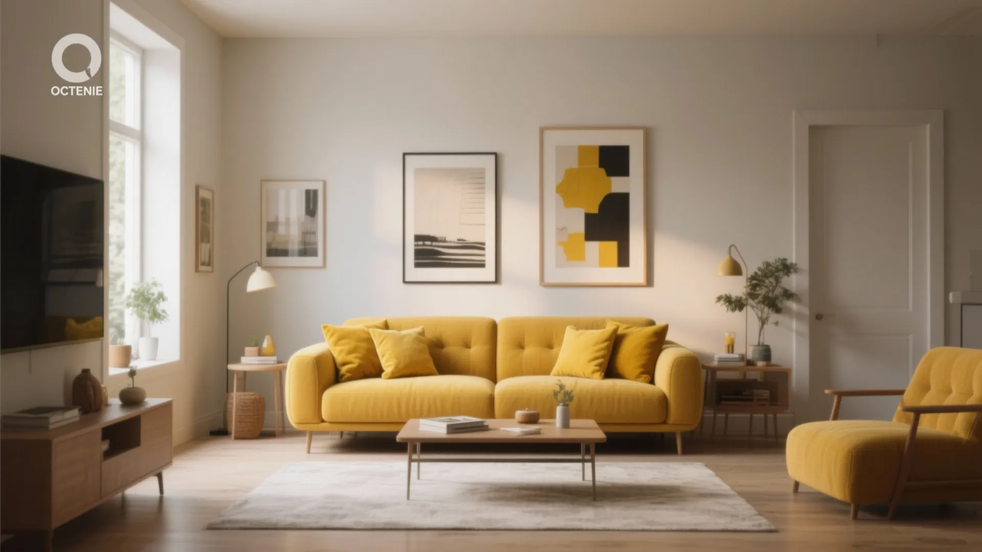 Bright living room with yellow sofa matching chair coffee table wall art and natural light