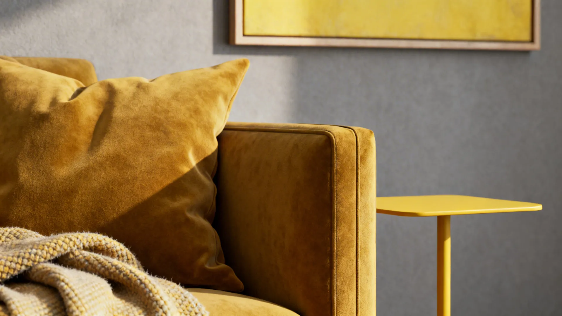 Close-up of matte mustard cushions, slim yellow side table and textured throws on grey background.