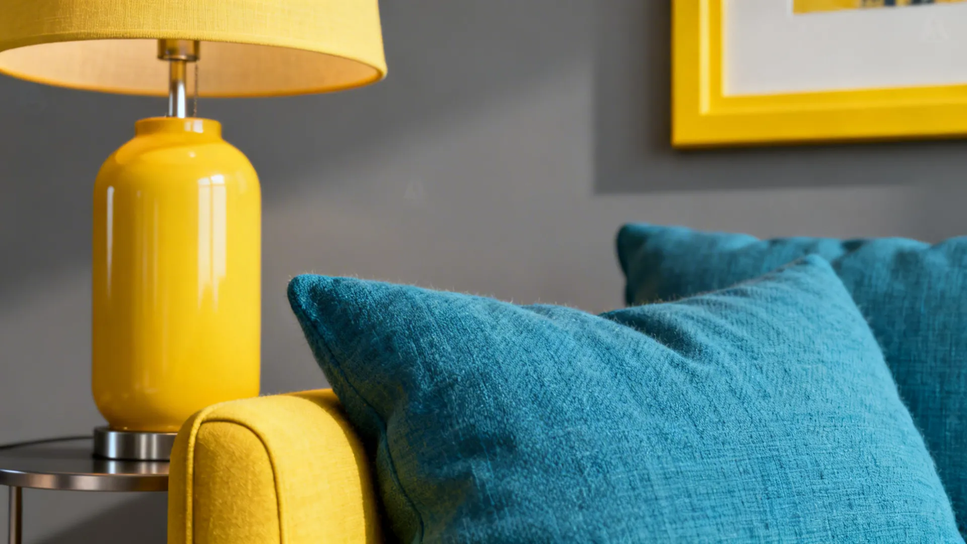 Close-up of a yellow lamp and armchair corner with blue cushions against a grey wall.