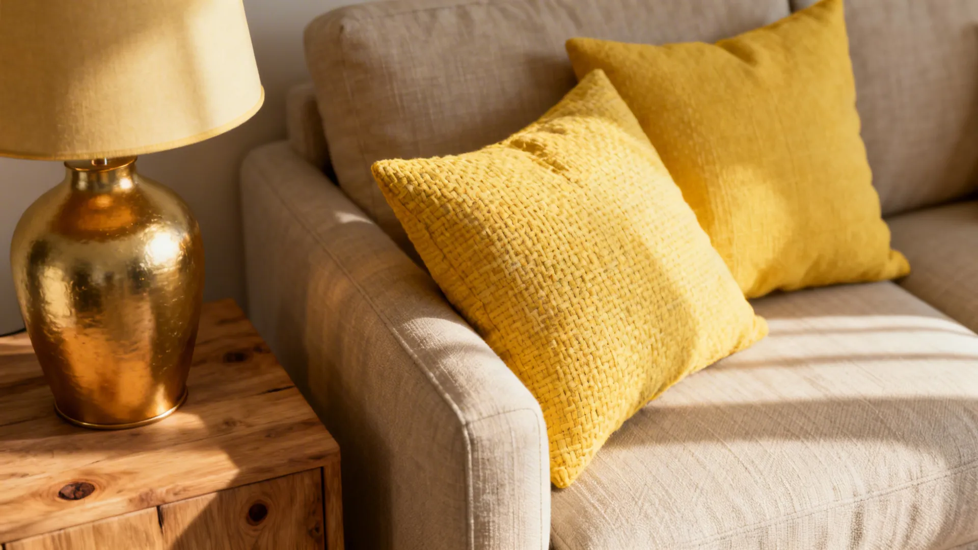 Butter yellow cushions and a muted gold lamp on a neutral sofa with wood side table