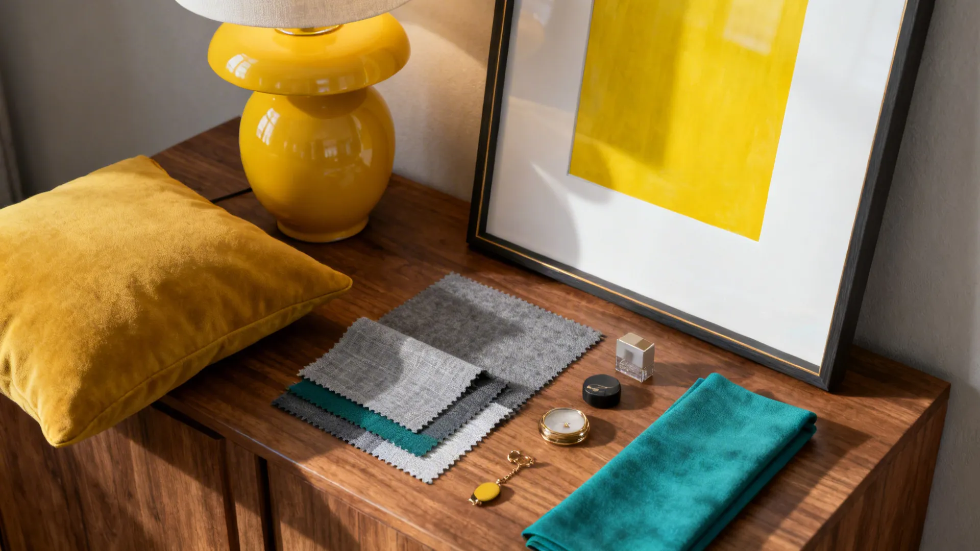 Flatlay of mustard yellow cushions, lamp and accessories for controlled accent ideas