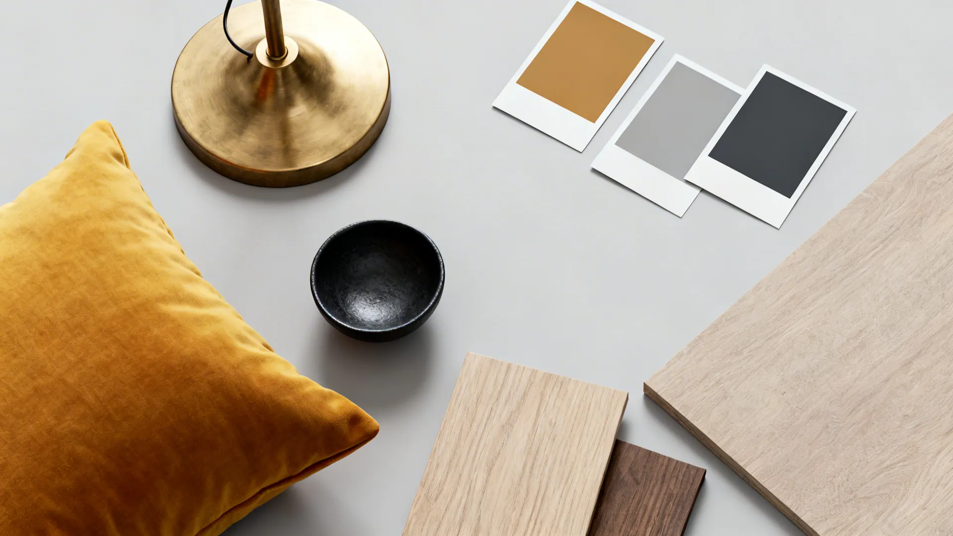 Interior design materials with yellow pillow wood samples color cards gold lamp and small black bowl