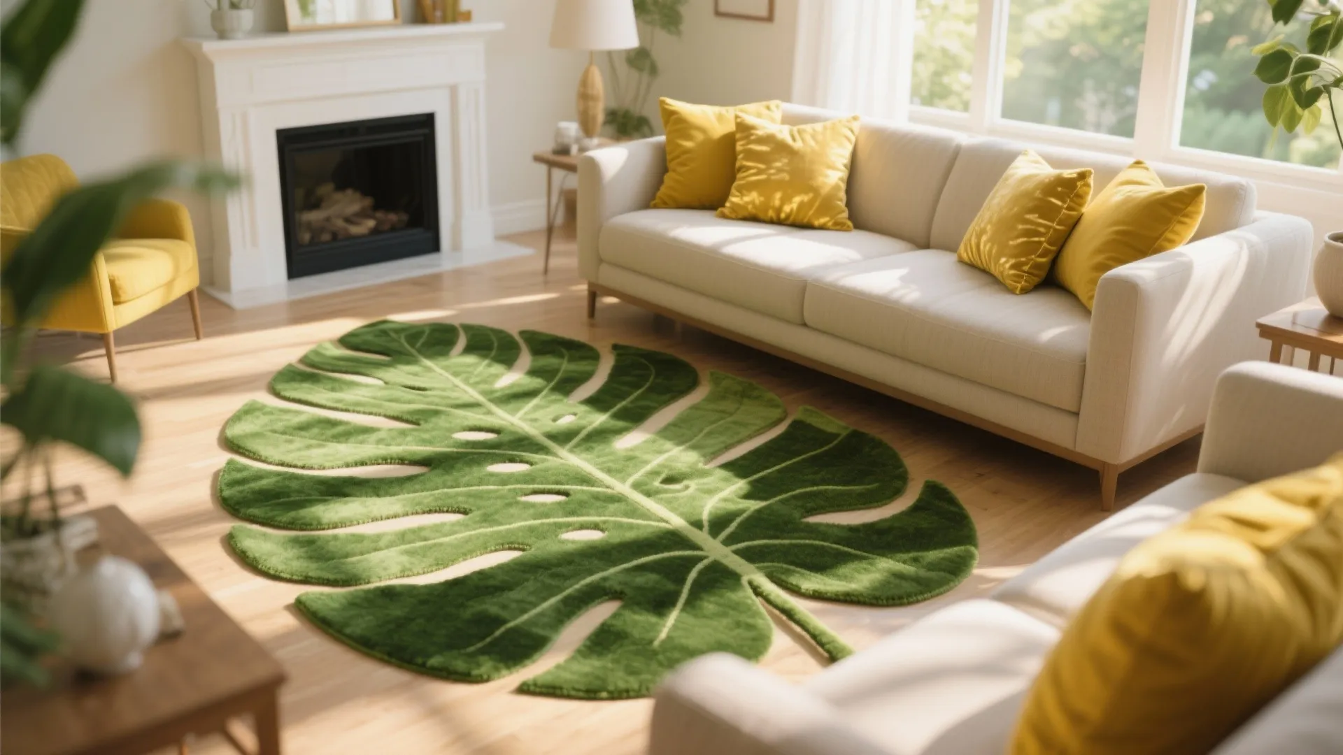 Living room with white sofa yellow pillows fireplace and large green monstera leaf shaped rug