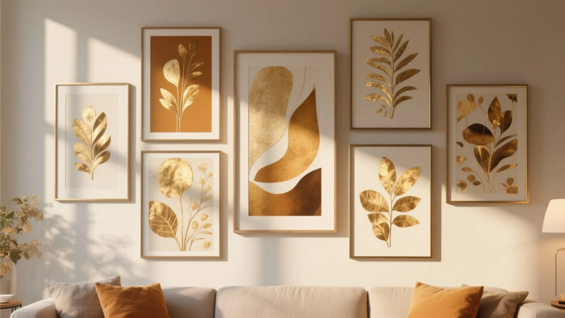 Art gallery wall with gold and ochre toned artworks